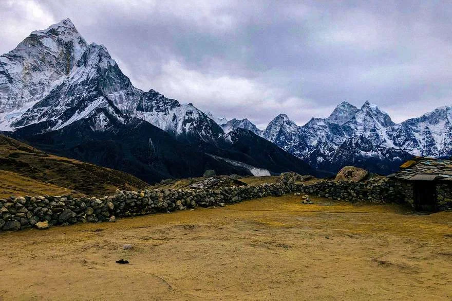 Himalayan peaks and stone-walled landscapes in Nepal